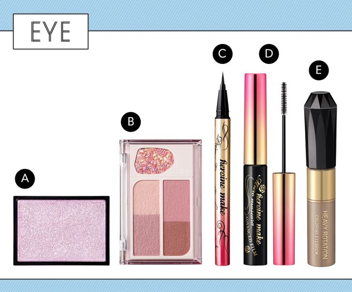 4.素のパーツを最大限に活かした「韓国アイドル風メイク」_使用したコスメ＆韓国風メイクのやり方・ポイント_Aエムエヌ マイアイカラー グリッター 09_Bキス カクテルデイズ 03 ￥2090／KISSME（伊勢半）_Cヒロインメイク プライムリキッドアイライナー リッチキープ 01 ￥1320／KISSME（伊勢半）_Dヒロインメイク マイクロマスカラ アドバンストフィルム 01 ￥1320／KISSME（伊勢半）_Eヘビーローテーション カラーリングアイブロウR 12 ￥880／KISSME（伊勢半）