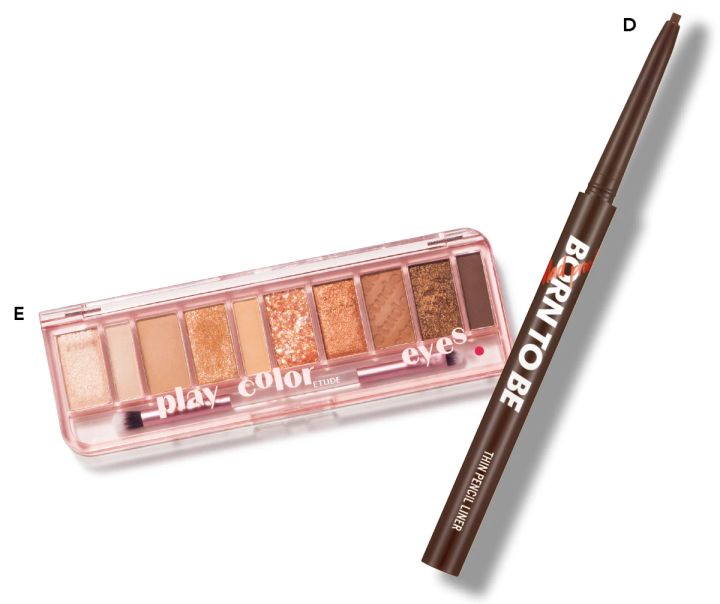 1.ミニマムな盛りで品よく仕上げる「韓国女優風メイク」_使用したコスメ＆韓国風メイクのやり方・ポイント_Dアピュー BORN TO BE マッドプルーフ ペンシルライナー ディープブラウン ￥1320／ミシャジャパン_Eプレイカラー アイシャドウ ウォームトップカリスマ ￥2970／エチュード