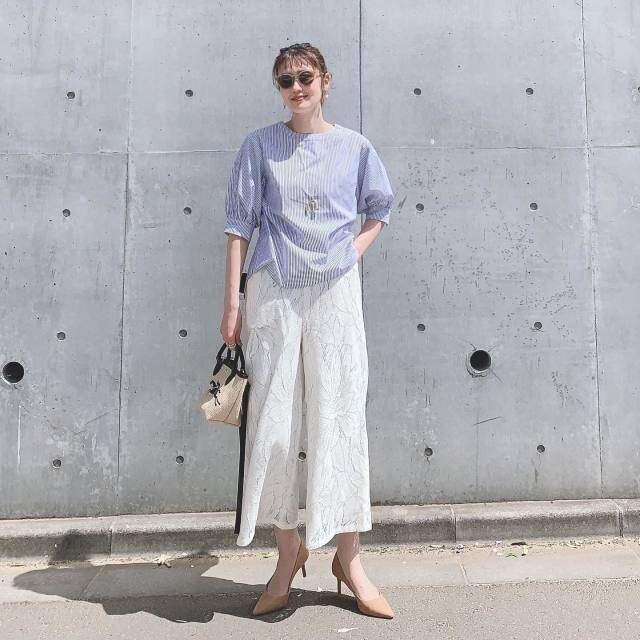 ストライプ ブラウス レース パンツ コーデ