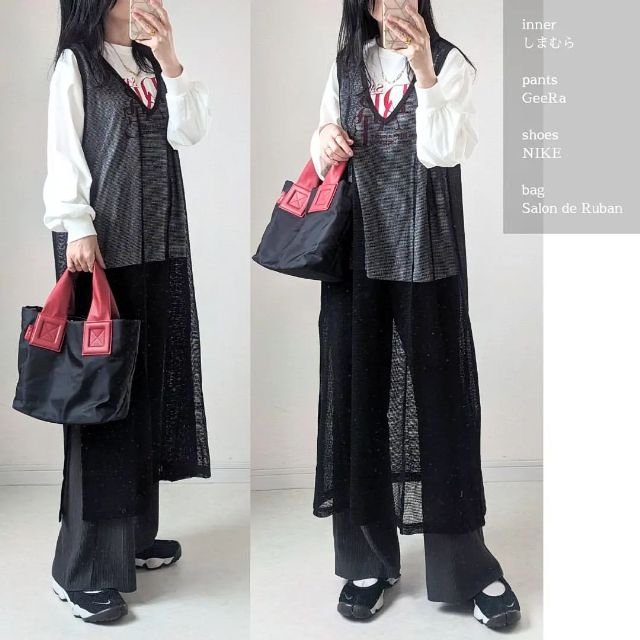 メッシュノースリーブワンピを着用したコーデ