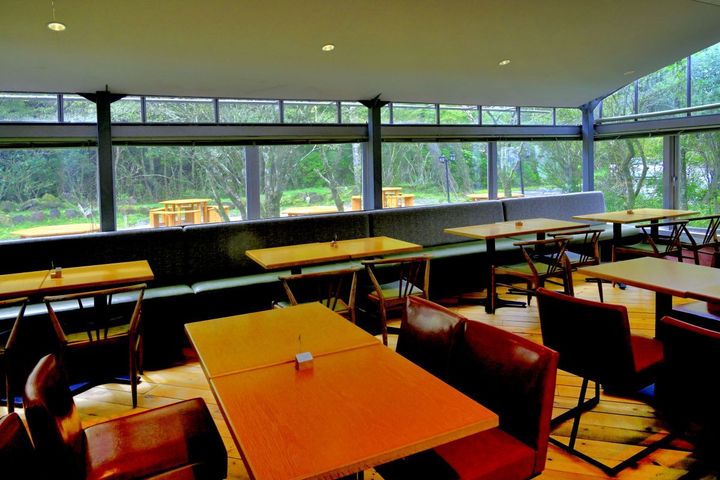 カフェ店内から駅舎テラスやノームの森を眺められる