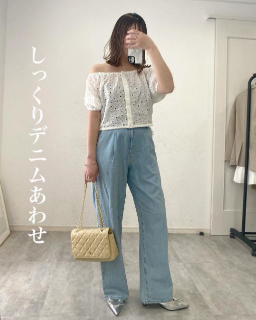 コットンレースクロップドブラウスを着用したコーデ