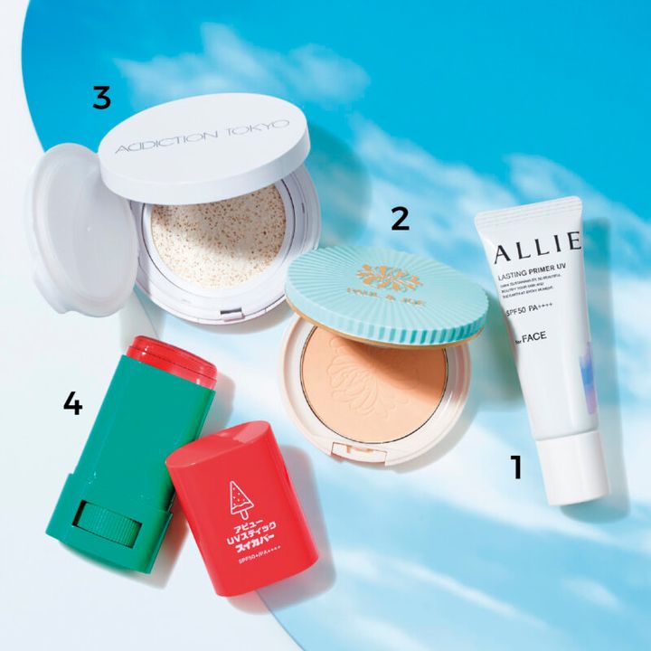 1_アリィー クロノビューティ ラスティングプライマーUV SPF50・PA++++ 25g ￥1,980〈編集部調べ〉（カネボウ化粧品） 2_ポール ＆ ジョー プロテクティング フェイス パウダー 全2色 SPF50+・PA++++ セット価格 各￥5,500（ポール ＆ ジョー ボーテ） 3_アディクション スキンケアUV タッチアップ クッション 101 SPF45・PA+++ レフィル￥4,400、専用ケース￥1,430（アディクション ビューティ・4/26限定発売） 4_アピュー ジューシーパン UVスティック スイカバー SPF50+・PA++++ ￥1,650（ミシャジャパン・数量限定）