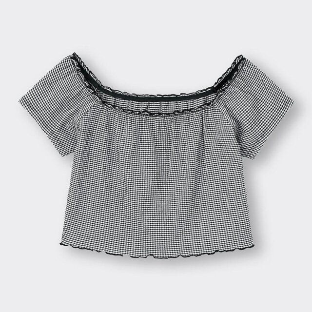 GUのチェックオフショルダーT