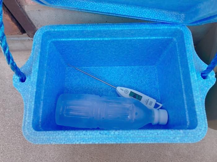ダイソーのクーラーボックスに氷と温度計を入れている画像