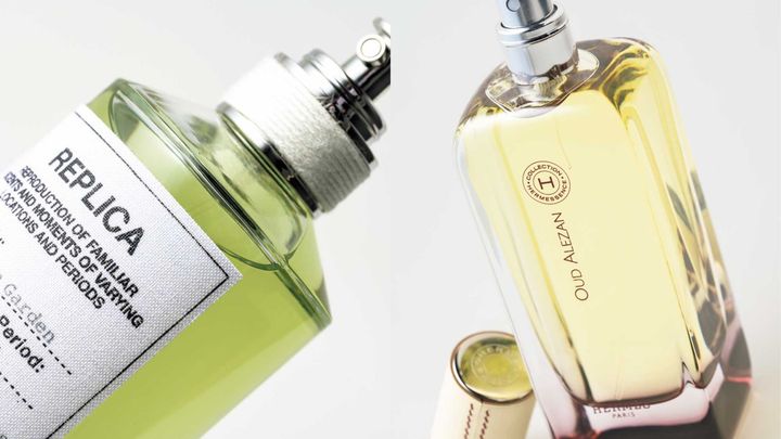 左、メゾン マルジェラ レプリカ オードトワレ フロム ザ ガーデン 100㎖。右、HERMES ウード・アルザン オードパルファム 100㎖