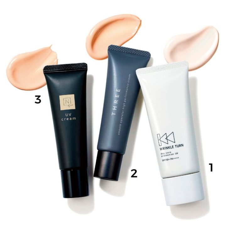 1_ピンクベージュ。シワ改善とシミ予防の効果もあり。サナ リンクルターン 薬用デイケアプロテクションUV［医薬部外品］SPF50+・PA++++ 40g ￥1,760（常盤薬品工業） 2_クリアで明るめのベージュ。消えるように溶け込む心地よさ。スムースオペレーターハイパフォーマンスクリーム 01 SPF50+・PA++++ 30g ￥4,620（THREE） 3_色ムラをカバーするナチュラルベージュ。N organic Vie デイケアモイスト UVクリーム SPF50+・PA++++ 30g ￥3,300（シロク）