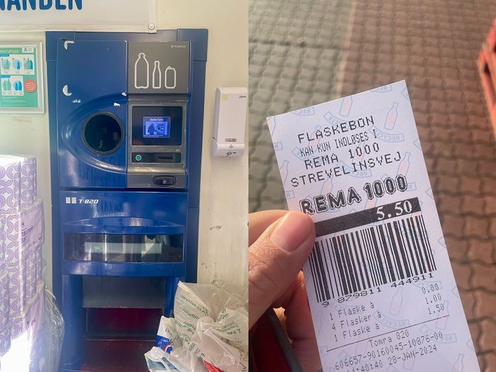 (左)こちらがPANTマシーン。回収される様子は見ているだけで楽しい。(右)合計金額が印字されたレシートは、買い物時に使えるのはもちろん、現金にも交換可能。