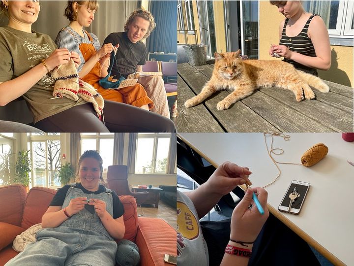 学校にて、編み物中の若者たちをスナップ！暖かくなってきて、細くて綿っぽい毛糸を編む人が増えました。