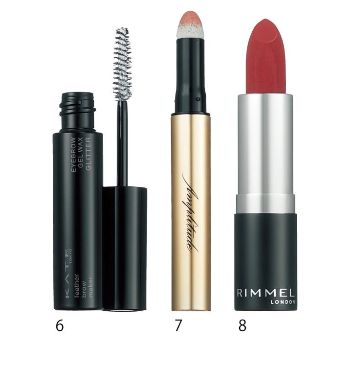 「リスタイプ」の小顔メイクに使用したコスメ_ケイト フェザーブロウメイカー EX-2￥1100（編集部調べ）／カネボウ化粧品（限定品）_コンスピキュアス チップオンアイズ EX-02 ￥3520／アンプリチュード_ラスティング フィニッシュ マシュマロエアリー リップスティック 009￥1540／リンメル