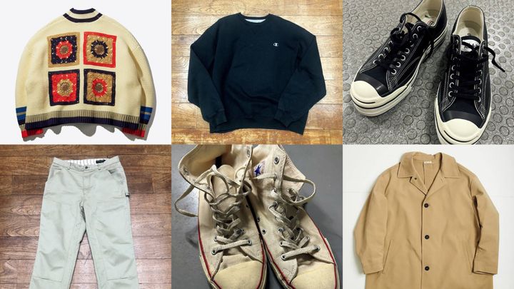 オリジナルで製作した〈ユニオン〉のカーディガン、2000年代前半の〈チャンピオン〉のスエット、〈コンバース〉とコラボレーションしたシューズ、ダブルニー仕様の〈バーンストーマー〉のチノパン、〈コンバース〉の「チャックテイラー」のハイカット、ほぼ毎日羽織っている〈マルニ〉のコート