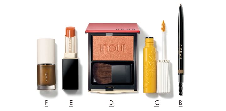 2.アイスブルーの目元で抜け感を！ 洒落感アイシーカラーメイク_使用コスメ_ゲラン ブロウ ジェ 01_ポール＆ジョー アイブロウ マスカラ 05_インウイ チーク 03_SUQQU モイスチャー グレイズ リップスティック 04_RMK ネイルラッカー EX-16