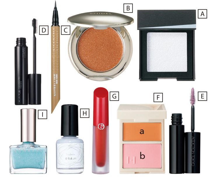 3.ひんやり×熱っぽさが新しい！ 血色アイシーカラーメイク_使用コスメ_カネボウ ブライトフューチャーボックス EX1_スナイデル ビューティ ルミナイジング カラー アイズ EX03_メイベリン ウルトラカラー アイライナー ダスティーコレクション BR-6_ケイト フレームレスフィルムマスカラ BK-1_アディクション アイブロウマスカラ カラーニュアンス 005_ヒンス トゥルーディメンションレイヤリングチーク L002_アルマーニ ビューティ リップ マエストロ サテン 11_オサジ アップリフト ネイルカラー 35_ルナソル ネイルポリッシュ EX36