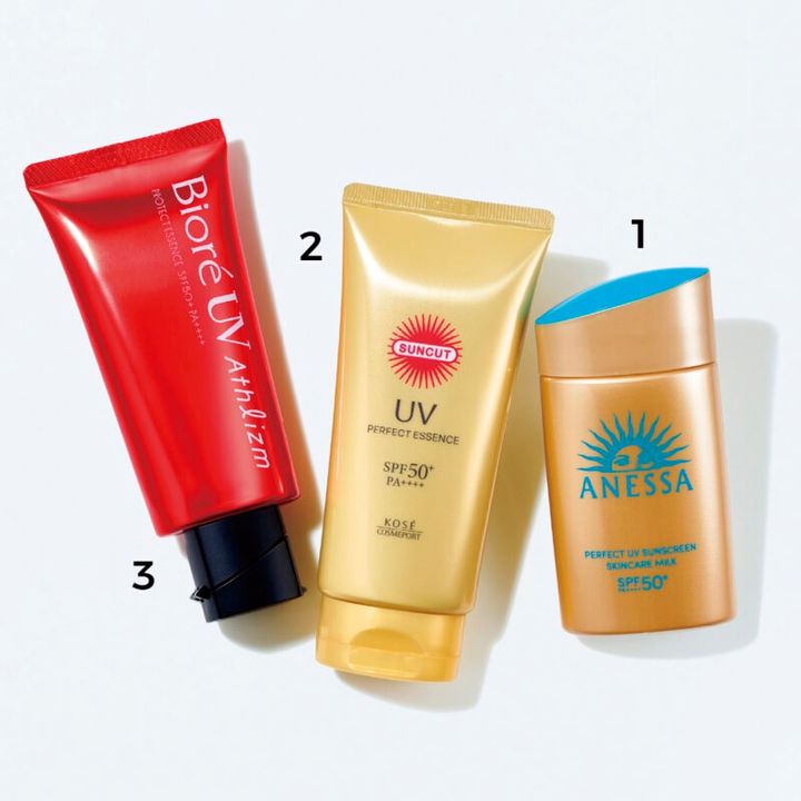 1_アネッサ パーフェクトUV スキンケアミルク NA SPF50+・PA++++ 耐水性★★ 60mL ￥3,058（資生堂） 2_サンカット パーフェクトUV エッセンス SPF50+・PA++++ 耐水性★★ 80g ￥878〈編集部調べ〉（コーセーコスメポート） 3_ビオレUV アスリズム プロテクトエッセンス SPF50+・PA++++ 耐水性★★ 70g ￥1,980〈編集部調べ〉（花王）