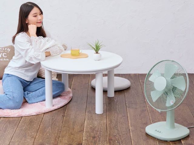 床に座った女性とミニリビング扇グリーン