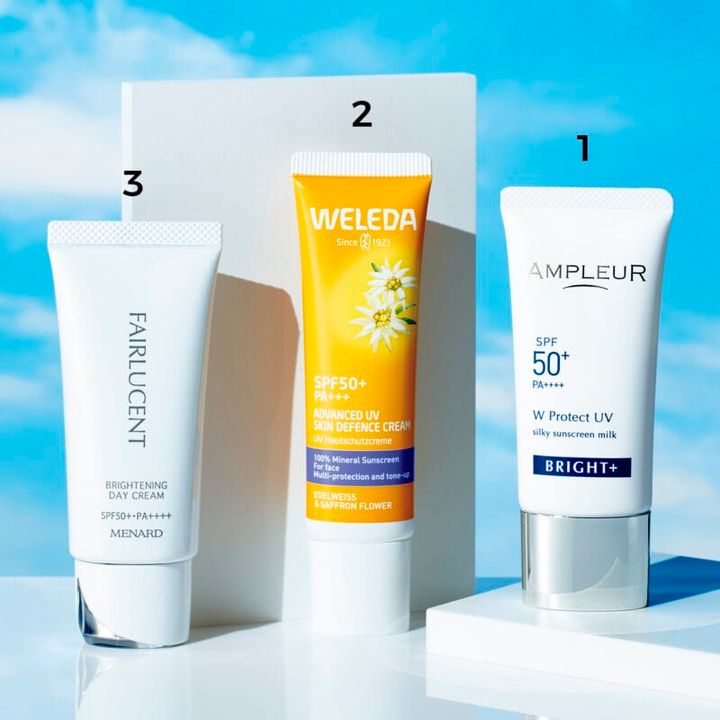 1_アンプルール WプロテクトUV ブライト+ SPF50+・PA++++ 30g ￥4,620（アンプルール） 2_ヴェレダ エーデルワイス UVバリアクリーム SPF50+・PA+++ 30mL ￥3,080（ヴェレダ・ジャパン） 3_フェアルーセント 薬用ブライトニングデイクリーム［医薬部外品］SPF50+・PA++++ 40g ￥7,700（メナード・4/21発売）