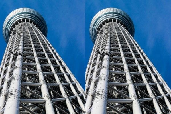 左の画像が左に傾いて見える斜塔錯視