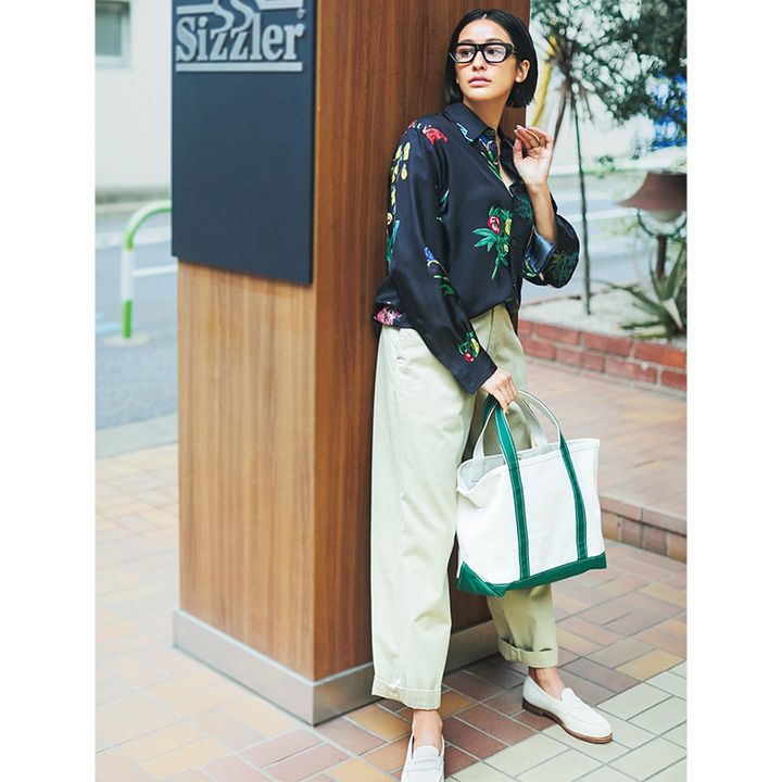 メガネコーデ,チノパンコーデ,柄シャツコーデ,木佐貫まや