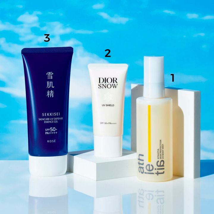 1_アスレティア スキンプロテクション UVボディミスト SPF30・PA+++ 100mL ￥4,400（アスレティア） 2_ディオール スノー UVシールド 50+ SPF50+・PA++++ 30mL ￥7,480（パルファン･クリスチャン･ディオール） 3_雪肌精 スキンケア UV エッセンス ジェル SPF50+・PA++++ 90g ￥2,310〈編集部調べ〉（コーセー）