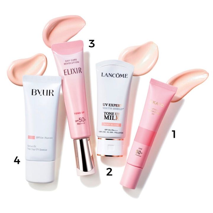 1_ノンケミカルでフィルター加工したような血色美肌に。リフティング カラーフィルター UV SPF50+・PA++++ 30g ￥4,180（EKATO.） 2_日本人の肌の色に最適なピンクを採用。肌に有害なさまざまな光と大気汚染物質からプロテクト。UV エクスペール トーン アップ ローズ N SPF50+・PA++++ 30mL ￥7,480（ランコム・4/26発売） 3_くすみや影を瞬時にカバーするベビーピンク。デーケアレボリューション トーンアップ SP+ aa SPF50+・PA++++ 35g ￥3,410（エリクシール） 4_透け感のあるピンク。ウォータリーエッセンスベースでぷるんとした潤い仕立て。バイユア セラムフィット ヴェール デイ UV エッセンス 01 SPF50+・PA++++ 40g ￥2,420（Hamee・5/23発売）