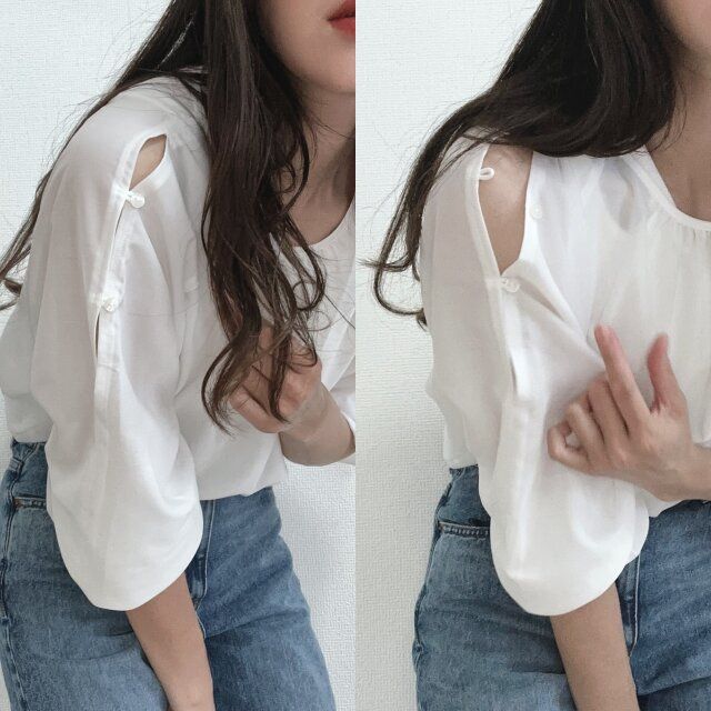 GUオープンショルダーブラウスの肩スリット部分