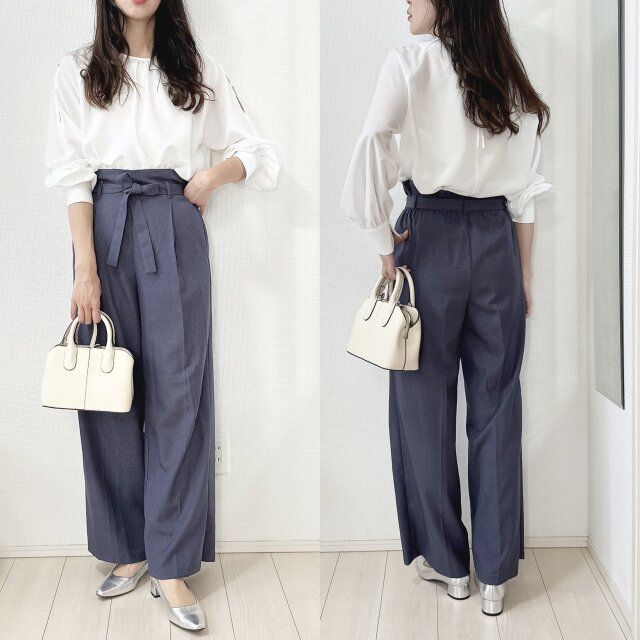 GUオープンショルダーブラウスとカラーワイドパンツコーデ