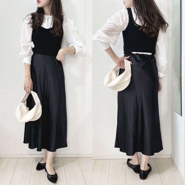 GUオープンショルダーブラウスとビスチェコーデ