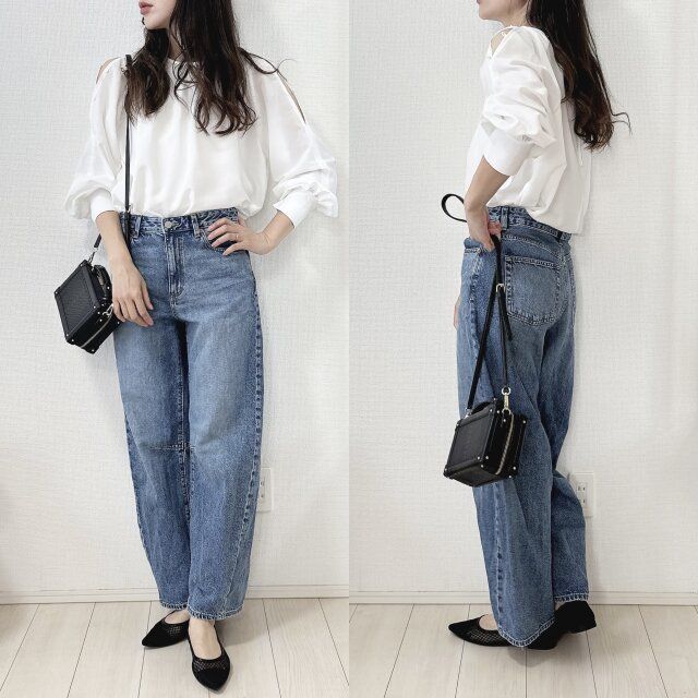 GUオープンショルダーブラウスとデニムカジュアルコーデ
