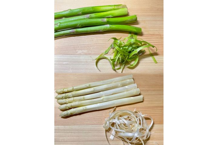 ▲アスパラガスの皮にも栄養とうまみがあります。蒸し焼きやゆでる際に、取り除いた皮も加えると香りがアップし、食品ロス対策にも。