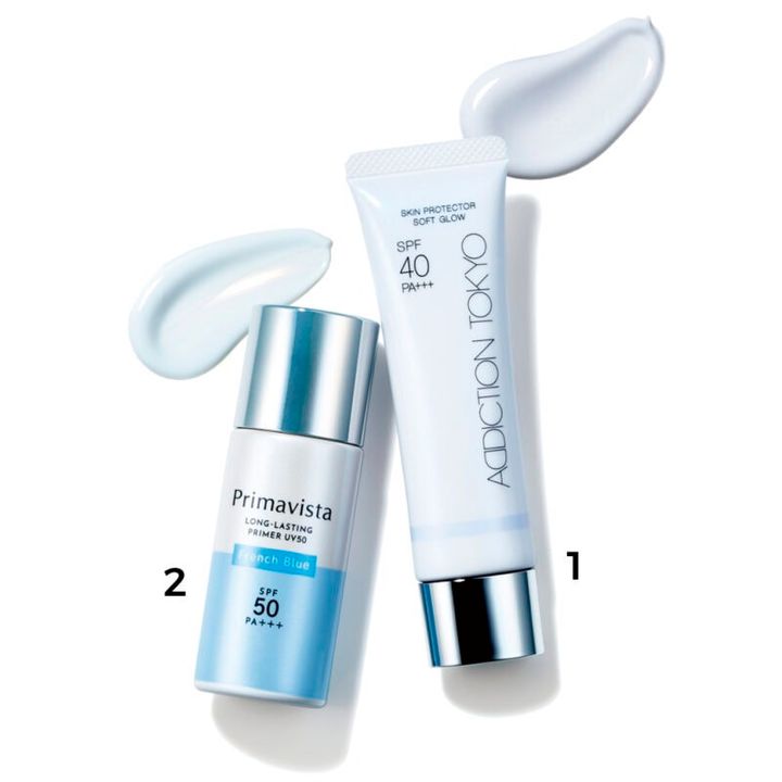 1_アディクション スキンプロテクター ソフトグロウ 001 SPF40・PA+++ ￥4,180（アディクション ビューティ） 2_プリマヴィスタ スキンプロテクトベース 皮脂くずれ防止 UV50 フレンチブルー SPF50・PA+++ ￥3,080〈編集部調べ〉（花王）