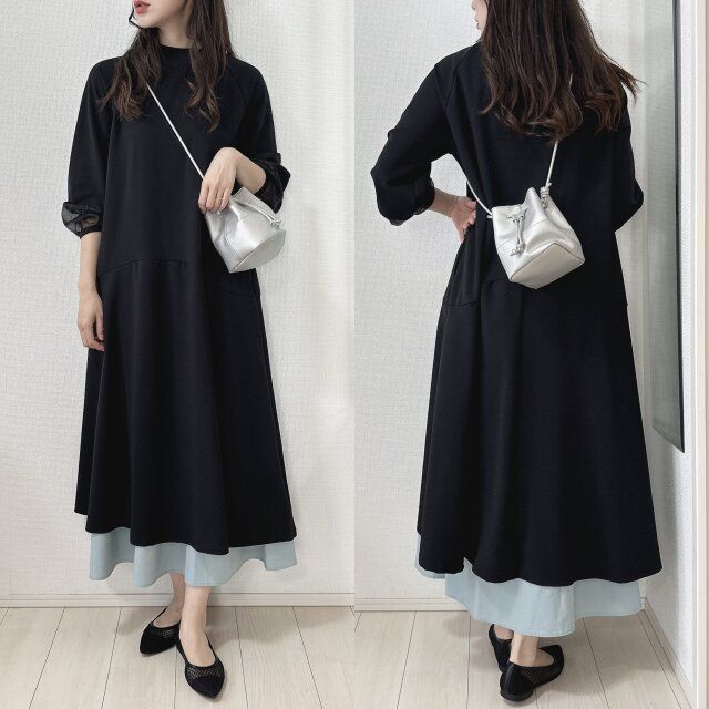 GUリネンブレンドフレアロングスカートとワンピースレイヤード