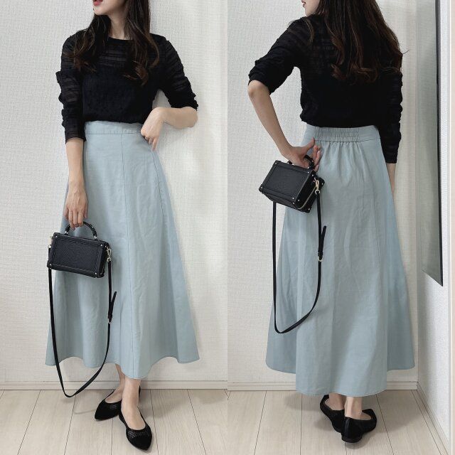 GUリネンブレンドフレアロングスカートとシアートップスコーデ