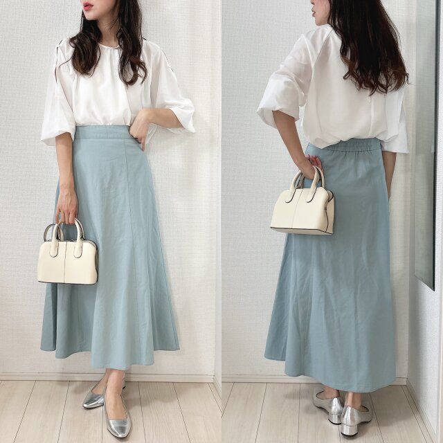GUリネンブレンドフレアロングスカートとホワイトブラウスコーデ