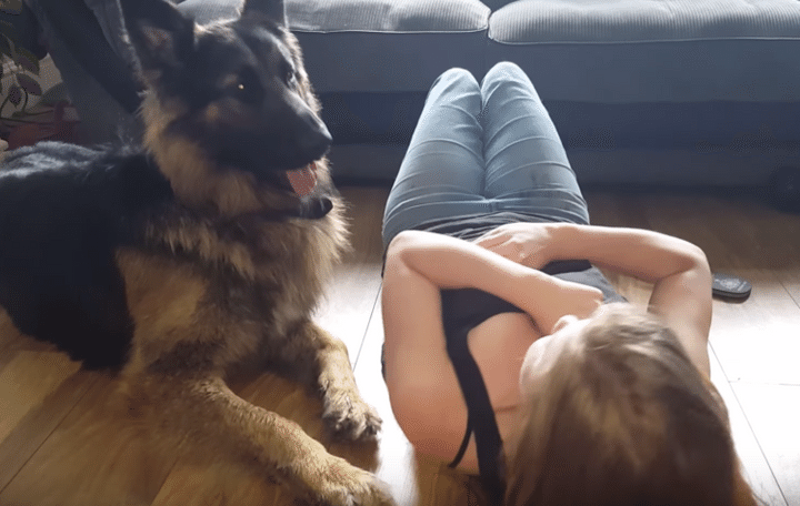 犬「寝てるの？遊ぼうよ」可愛さに妨害されて筋トレできない飼い主さん。