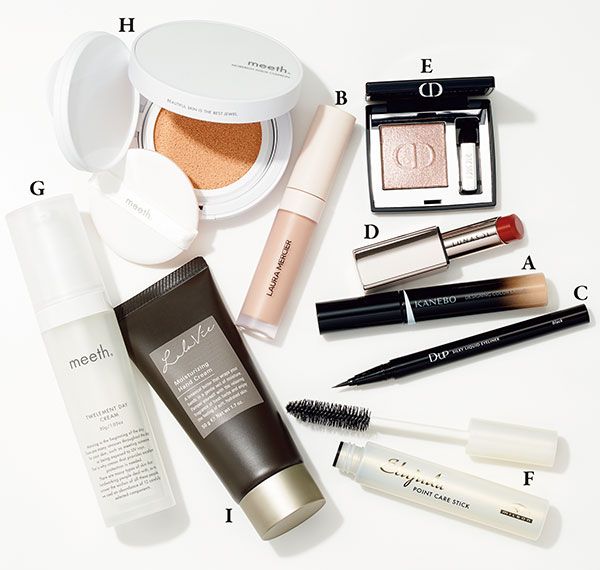 【A】デザイニングカラーリクイド【B】リアル フローレス ウェイトレス パーフェクティング コンシーラー【C】シルキーリキッドアイライナー WP【D】ルナソル フュージングカラーリップス【E】ディオールショウ モノ クルール【F】エルジューダ ポイントケアスティック【G】トゥエルメントデイクリーム【H】モアリッチアクアクッション【I】モイスチュアライジング ハンドクリーム