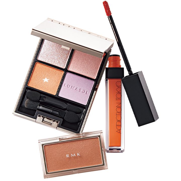 アディクション ビューティのリップ、ルナソルのアイシャドウ、RMKのチーク