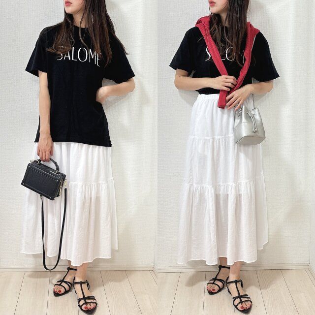 ユニクロクリンクルコットンティアードスカートとロゴTコーデ