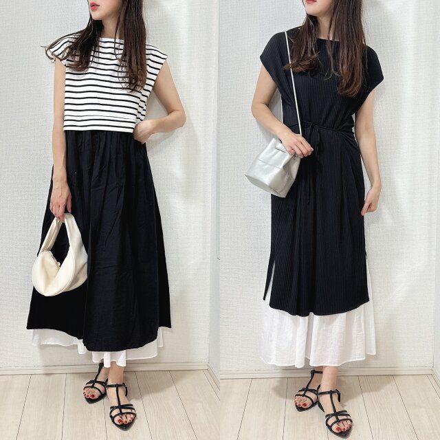 ユニクロクリンクルコットンティアードスカートとワンピースレイヤードコーデ