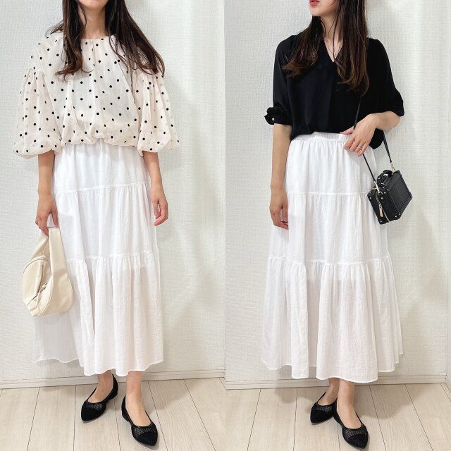 ユニクロクリンクルコットンティアードスカートのブラウスコーデ