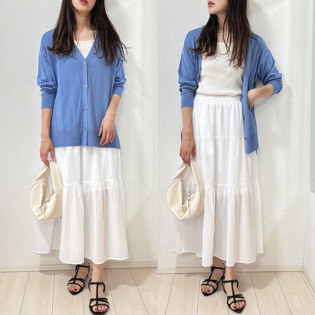 ユニクロクリンクルコットンティアードスカートとカーディガンコーデ