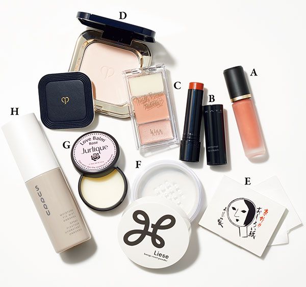 【A】エクシア リクイッド アイカラー【B】ケイト パーソナルリップクリーム【C】キス メイクリタッチパレット【D】プードルコンパクトエサンシエル n【E】おしろい紙 真珠の色 60枚入り【F】リーゼ サラサラ前髪復活パウダー【G】ローズ ラブバーム【H】モイスチャー フィックス ミスト 穏の香