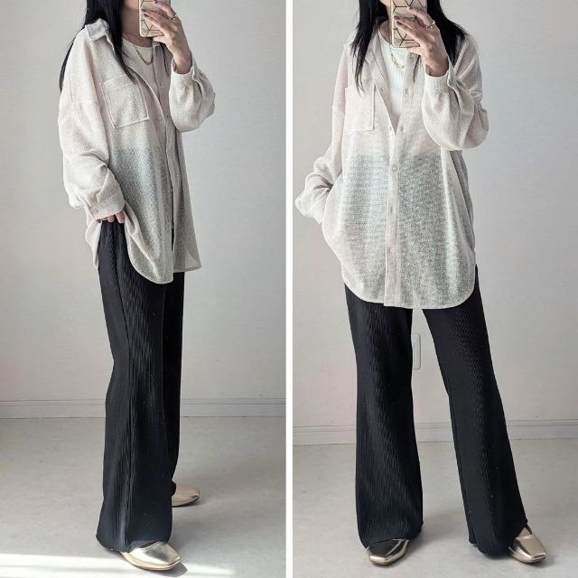 スラブメッシュユルシャツを着用したコーデ
