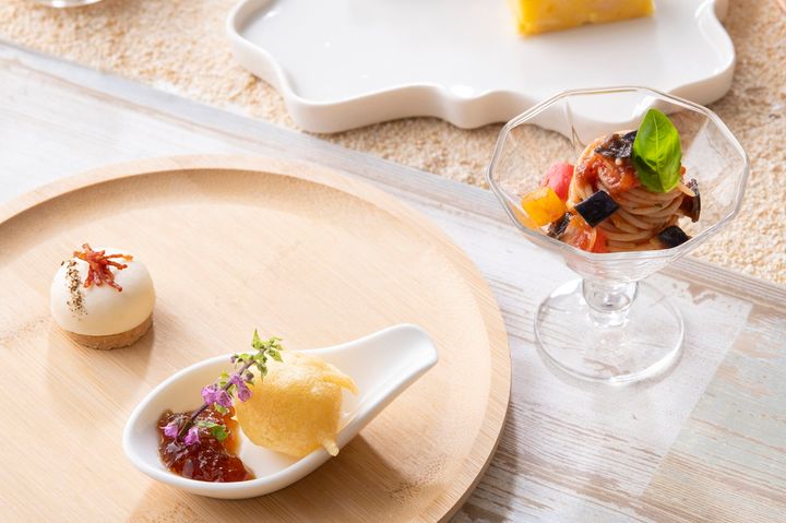 「カルボナーラブランマンジェ」「イカのフリット ポン酢ジュレ添え」「ナスのカポナータの冷製カッペリーニ」