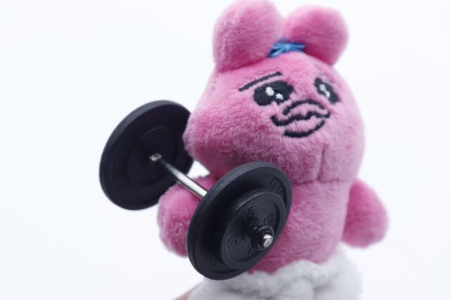 セリアのミニチュア ダンベルを人形に持たせた様子