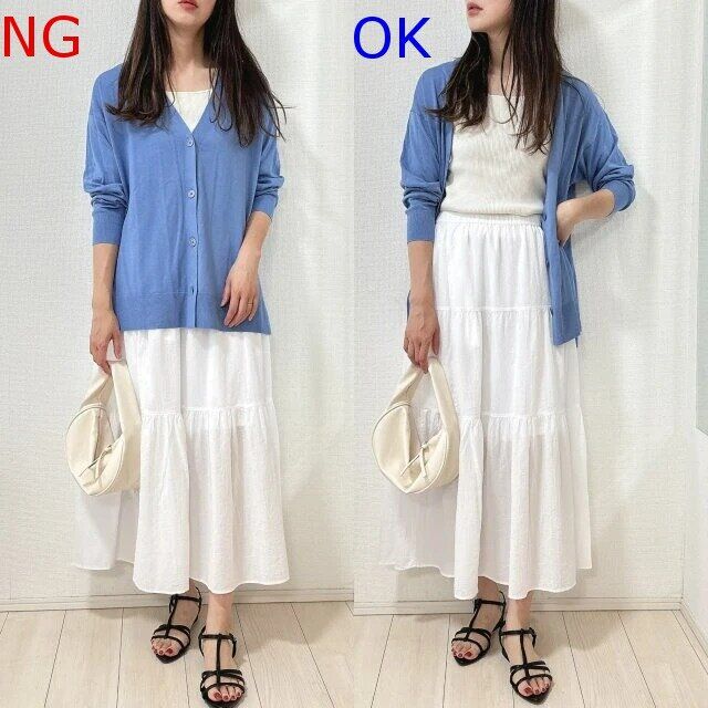 カーディガンと白スカートのNGコーデOKコーデ
