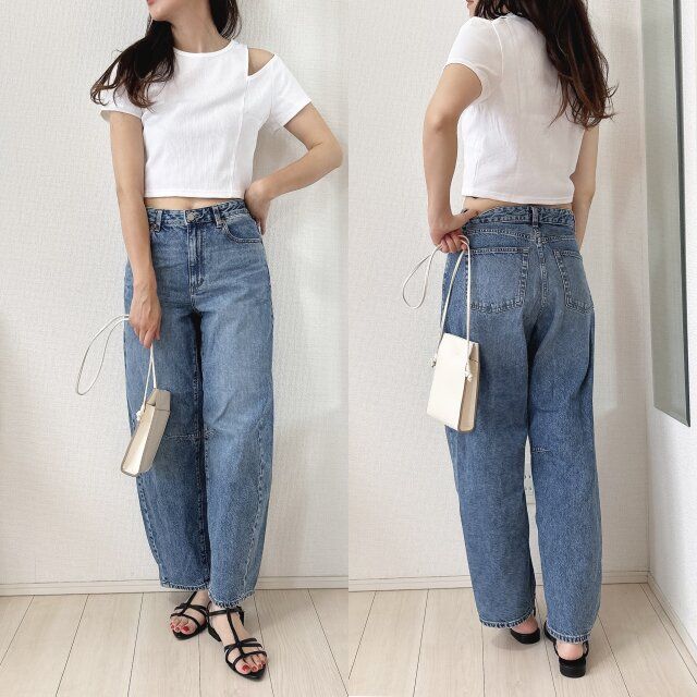 GUショルダーカットアウトTとデニムコーデ