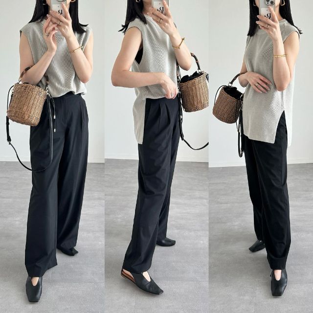 GUのウォッシャブルフレンチスリーブセーターを着用したコーデ