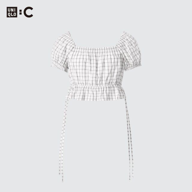 ユニクロCコラボのギャザークロップドチェックブラウス