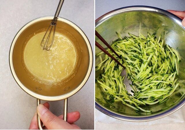 小さいボウルに【A】を入れよく混ぜる 胡瓜はスライサーで細切り