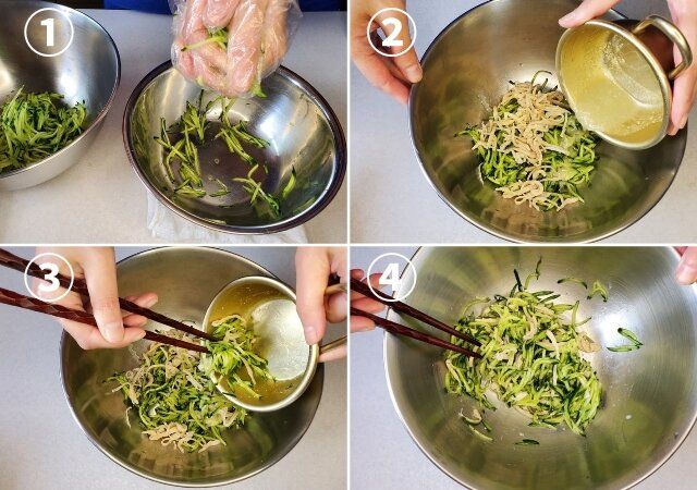 ③ 和える。胡瓜の水気をしぼり別のボウルに入れる。鶏皮、混ぜておいた【A】も加えて和え器に盛る